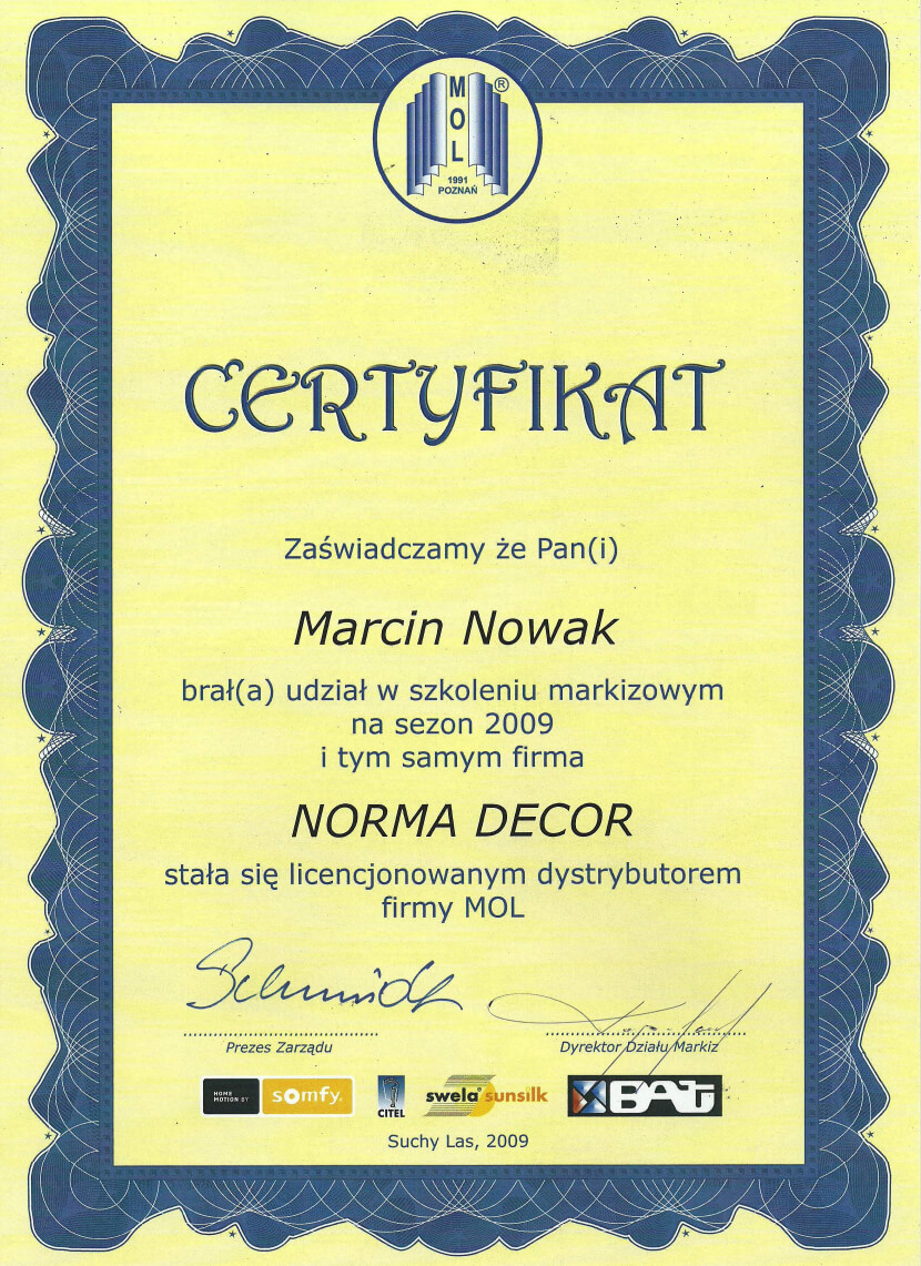 certyfikat - licencjonowany dystrybutor firmy mol - norma decor